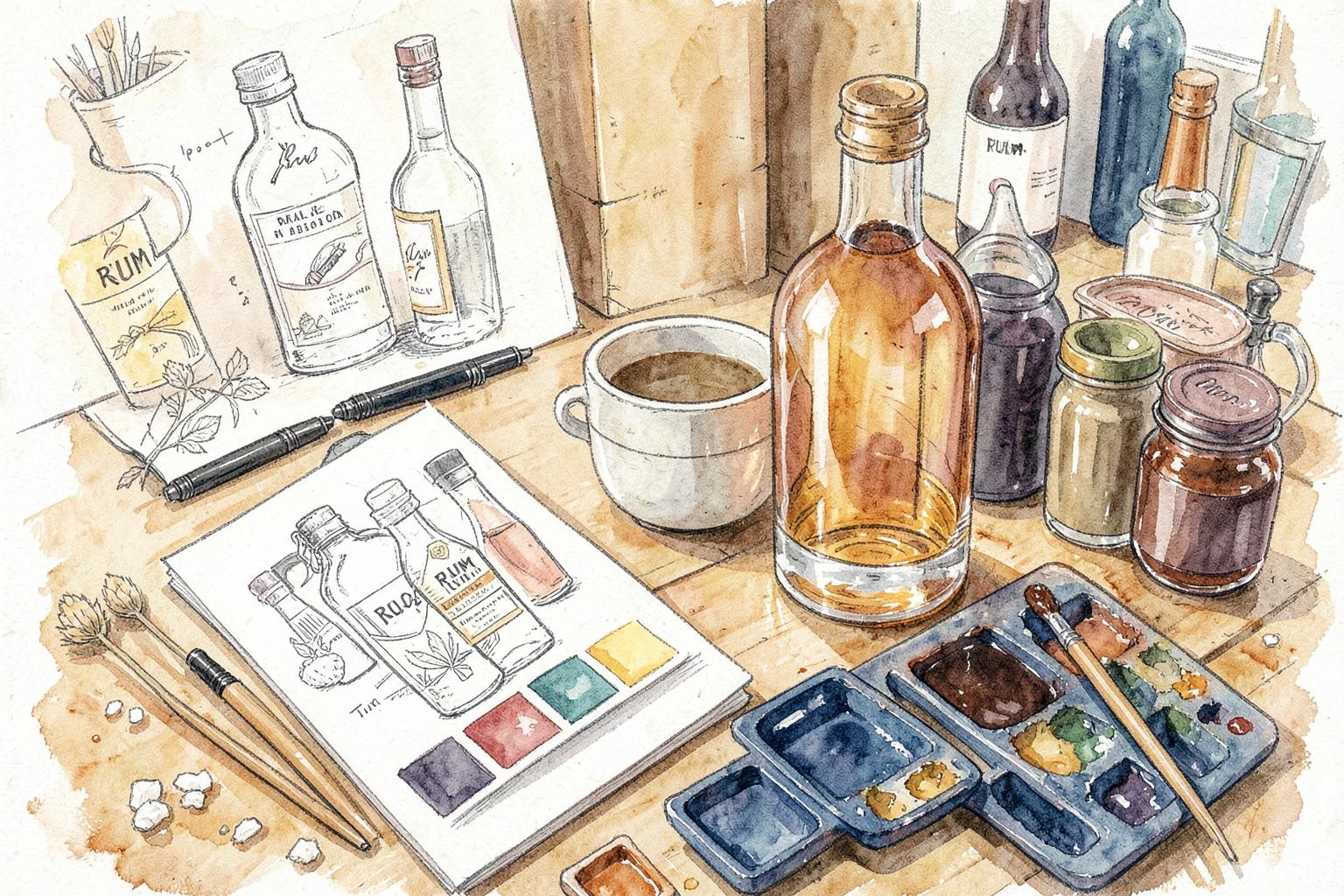 Schilderachtige illustratie van een ontwerpbureau met etiketschetsen, kleurstalen en een blanco rumfles