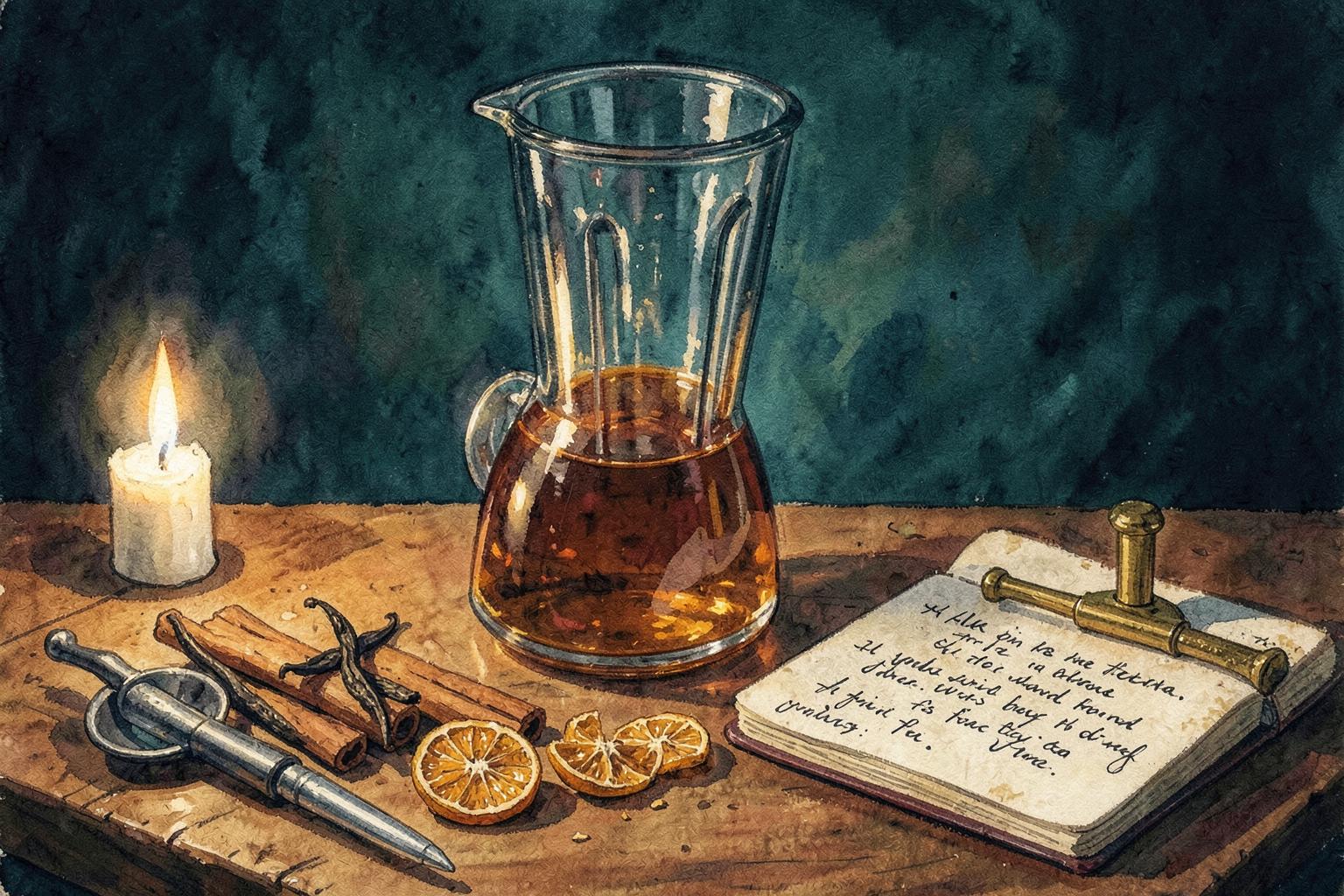 Schilderachtige illustratie van een blendtafel met een karaf rum, vanille, kaneel en een receptenboek bij kaarslicht