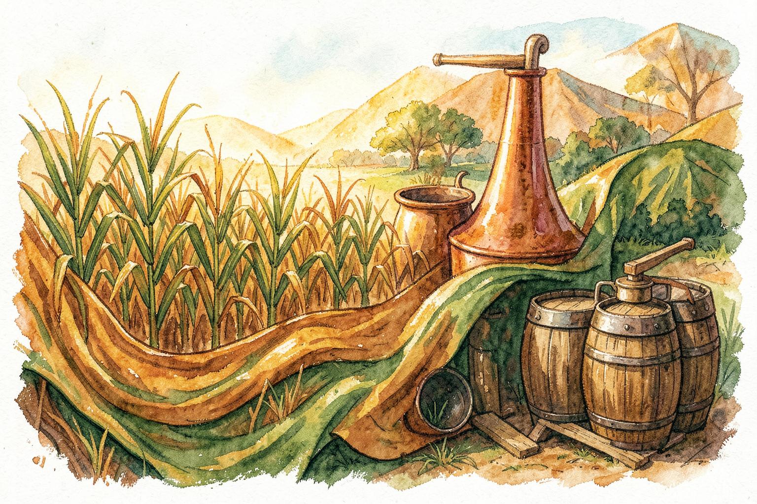 Schilderachtige illustratie van suikerriet, een koperen still en eiken vaten in een heuvellandschap