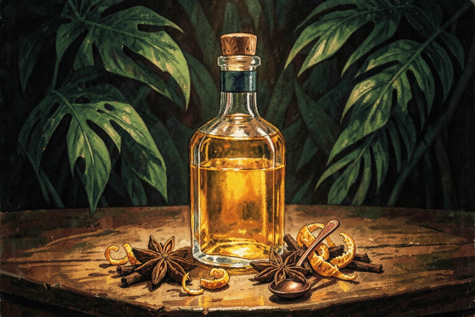 Schilderachtige illustratie van een fles gouden spiced rum met steranijs, kaneel en sinaasappelschil voor tropisch blad